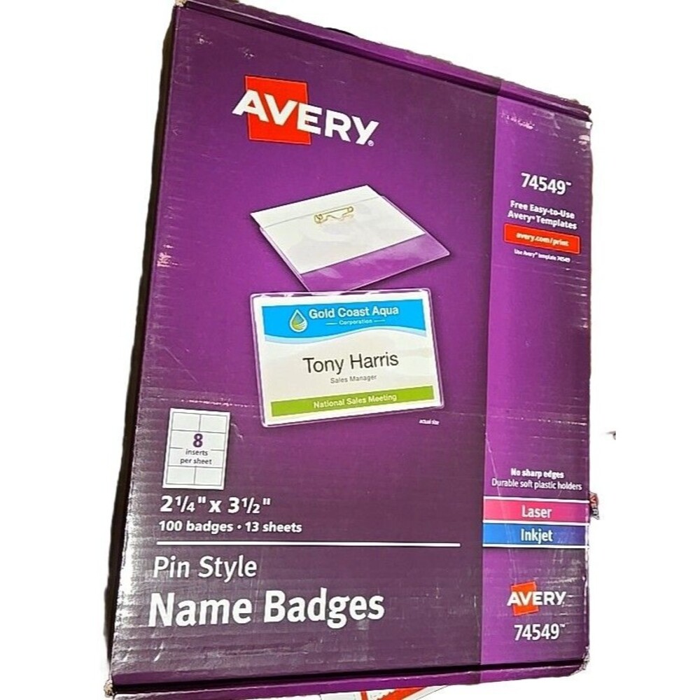 Avery 74549 Business Card Size Pin-Style 100 Name Badge Kit  2 1/4" x 3 1/2"